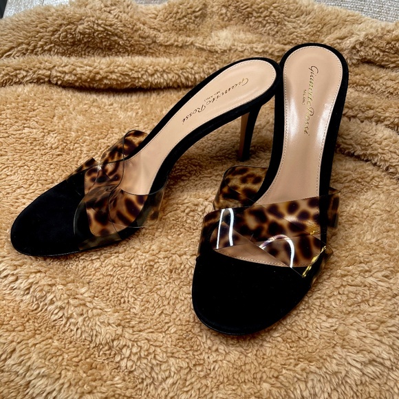 Gianvito Rossi Leopard Print Heel Sandals Suede Open Toe Womens Size 38.5 ITALY - Picture 1 of 10